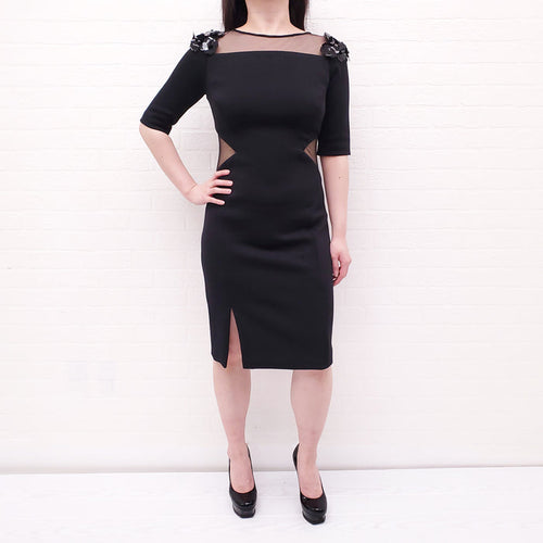 PRABAL GURUNG BLACK DRESS WITH MESH AND SEQUIN DETAIL - SIZE 6