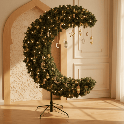 A Crescent Shaped Prelit Green Tree dressed for EID