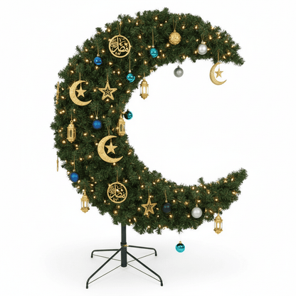 A Crescent moon Shaped tree dressed for Ramadan