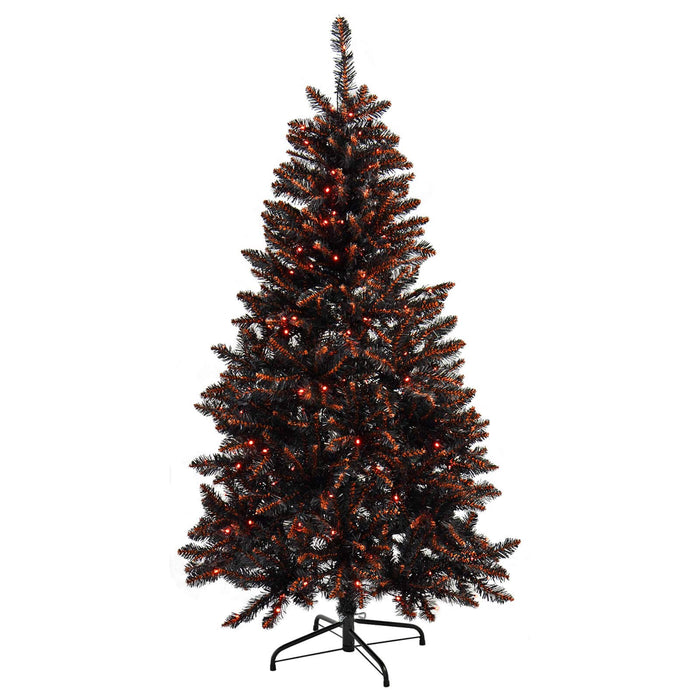Black Halloween tree with orange lights and black metal stand