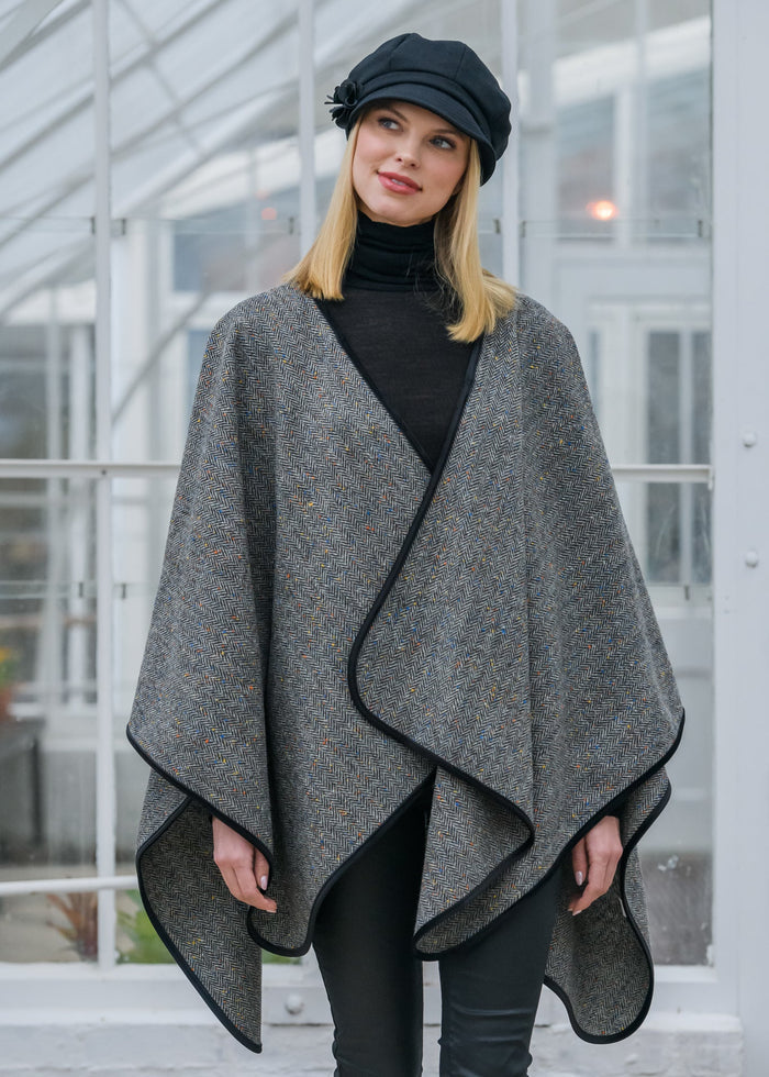 Premium Herringbone Tweed Wrap | 100% Wool Poncho