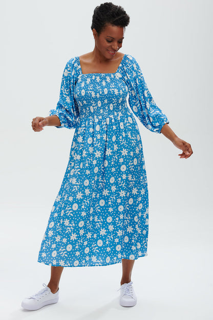 Raquel Shirred Dress | Vintage Block Floral (Blue)