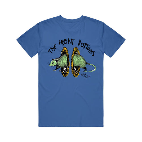 The Front Bottoms blue Bella Canvas T-shirt shows a possum walking through yellow-orange portals, with THE FRONT BOTTOMS above and NEW JERSEY below—perfect for fans of unique band apparel.