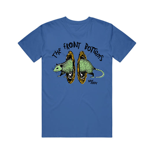 The Front Bottoms blue Bella Canvas T-shirt shows a possum walking through yellow-orange portals, with THE FRONT BOTTOMS above and NEW JERSEY below—perfect for fans of unique band apparel.