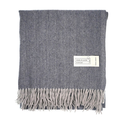 Recycled Wool Herringbone Blanket with Fringe - Soft Warm Throw - DENIM - Heritage Of Scotland -