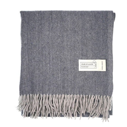 Recycled Wool Herringbone Blanket with Fringe - Soft Warm Throw - DENIM - Heritage Of Scotland -