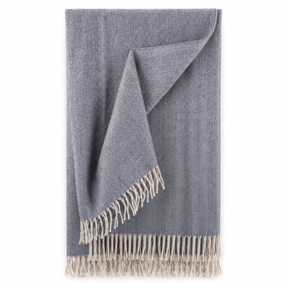 Recycled Wool Herringbone Blanket with Fringe - Soft Warm Throw - DENIM - Heritage Of Scotland -