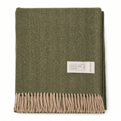 Recycled Wool Herringbone Blanket with Fringe - Soft Warm Throw - OLIVE - Heritage Of Scotland -