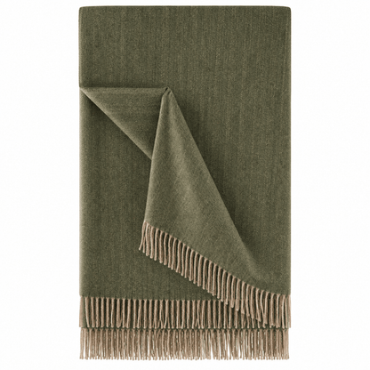 Recycled Wool Herringbone Blanket with Fringe - Soft Warm Throw - OLIVE - Heritage Of Scotland -