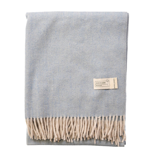 Recycled Wool Herringbone Knee Blanket – Pastel Fringed Throw - CORNFLOWER