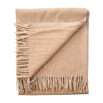 Recycled Wool Herringbone Knee Blanket – Pastel Fringed Throw - SAND BEIGE/NATURAL