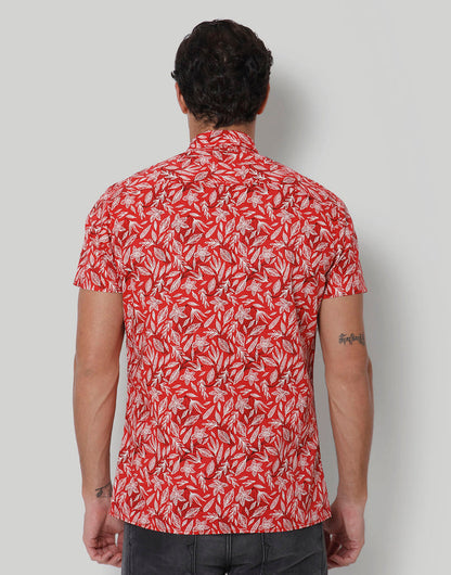 Red Floral Print Short Sleeves Shirt