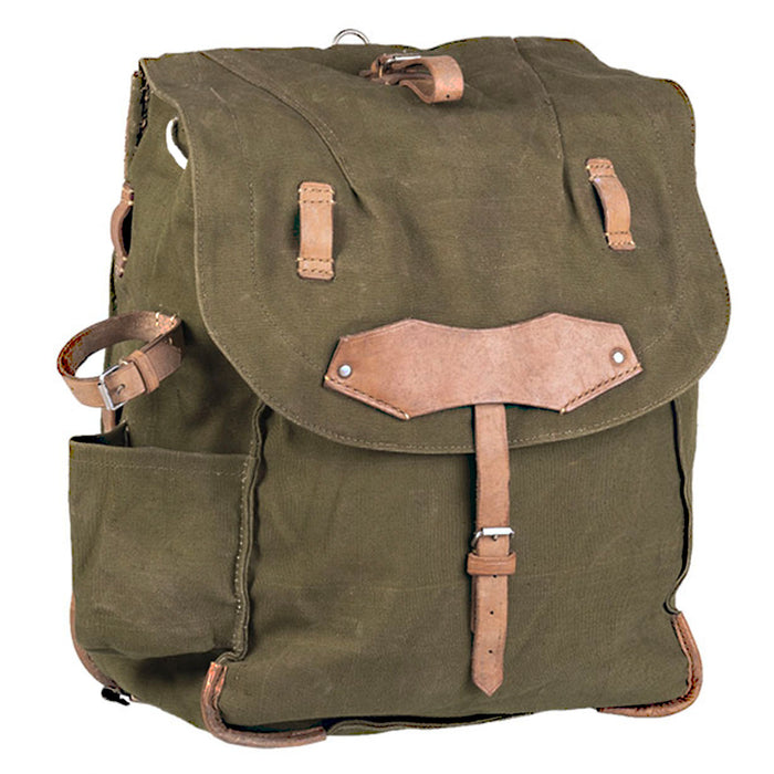 military surplus Romanian Rucksack in OD canvas with adjustable leather straps, metal buckles, reinforced stitched back