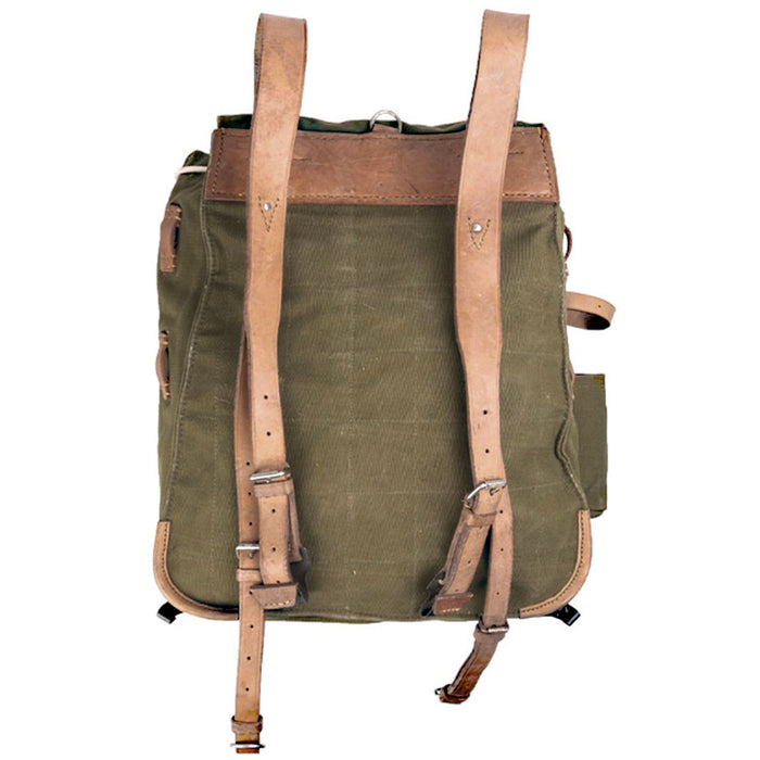 military surplus Romanian Rucksack in OD canvas with adjustable leather straps, metal buckles, reinforced stitched back