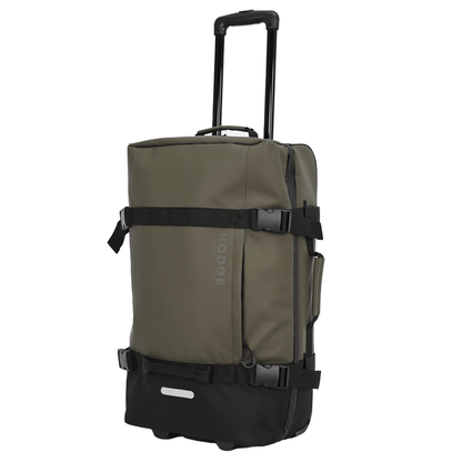 side view of medium hodge and hodge safari suitcase with telescopic handle, rounded zip pulls and stylish security buckles