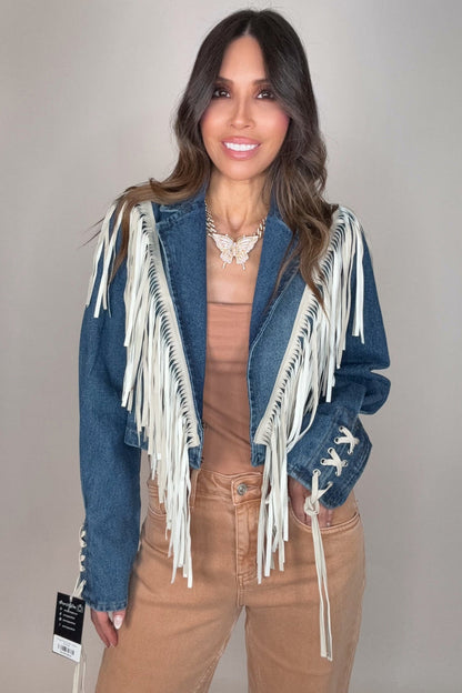 Style the Saints & Hearts Fringe Fever Denim Jacket exclusively at Born To Glam