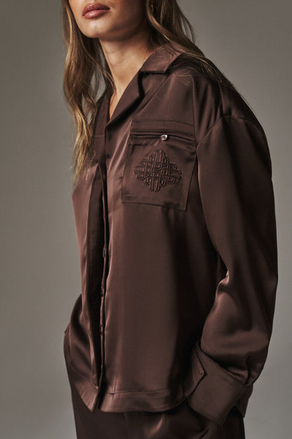 SATIN TAILORED RELAXED SHIRT - DEEP CHOCOLATE