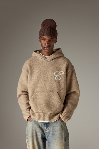 SCRIPT LOGO GRAPHIC KNITTED HOODIE - BEIGE