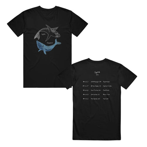 The Front Bottoms black Comfort Colors t-shirt features Selia and Empour—a white shark and blue whale—circling on the front, with tour-style dates on the back. This presale item is available for preorder shipping.