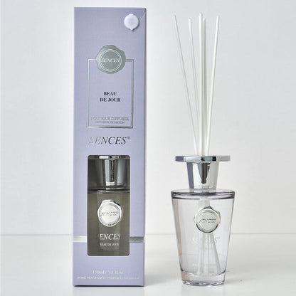 Sences Beau de Jour reed diffuser bottle and packaging with white reed and silver cap