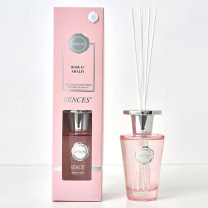 Sences Rose D'Amalfi Reed diffuser with pink glass bottle, white reeds and gift box packaging