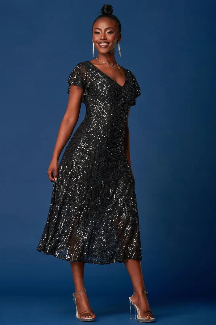 SEQUIN FIT & FLARE MAXI DRESS (BLACK) CURVE