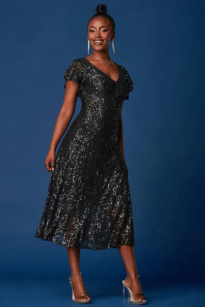 SEQUIN FIT & FLARE MAXI DRESS (BLACK) CURVE
