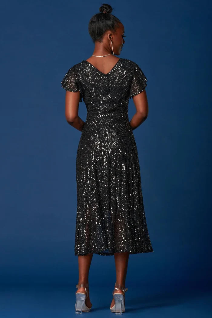 SEQUIN FIT & FLARE MAXI DRESS (BLACK) CURVE