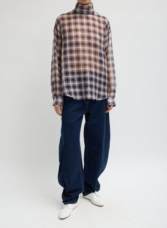 SILK COTTON PLAID FUNNEL NECK SHIRT