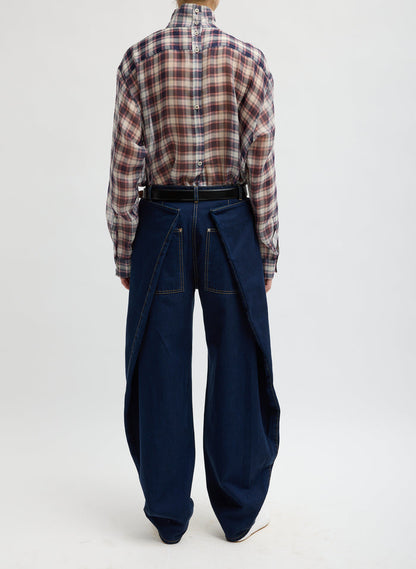 SILK COTTON PLAID FUNNEL NECK SHIRT