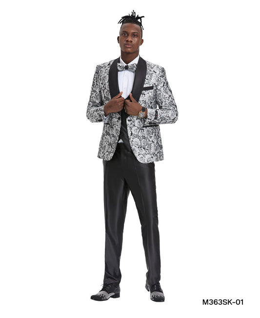 Silver / Black Shawl Collar Paisley Mens-suit - Giorgio's Menswear