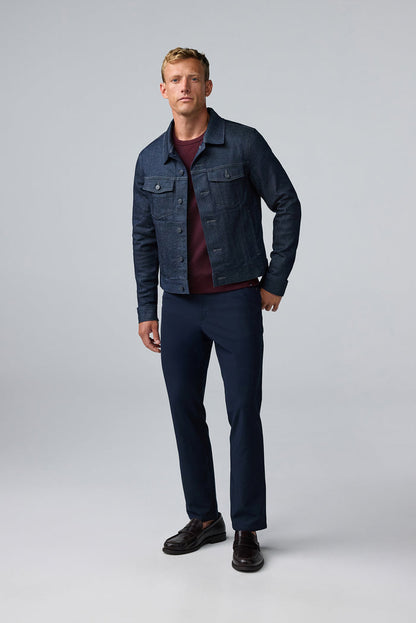 Full body front view of man wearing SILVER Denim Jacket in Dark Indigo