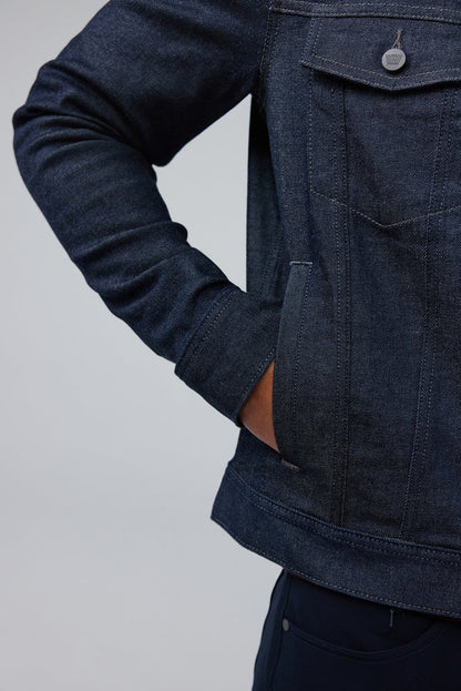 Detail pocket view of man wearing SILVER Denim Jacket in Dark Indigo