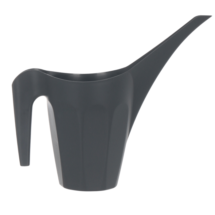 Front view of anthracite grey watering can with panelled design, handle and no spill spout