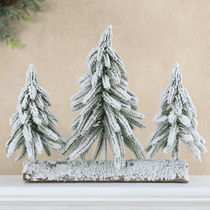 Snow Frosted Christmas Tree Trio Wooden Log Decoration 32cm