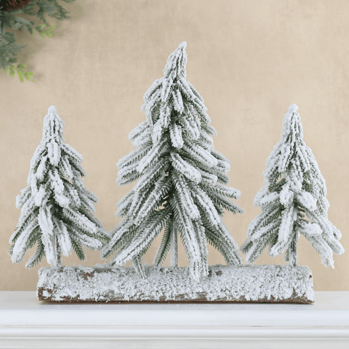 Snow Frosted Christmas Tree Trio Wooden Log Decoration 32cm