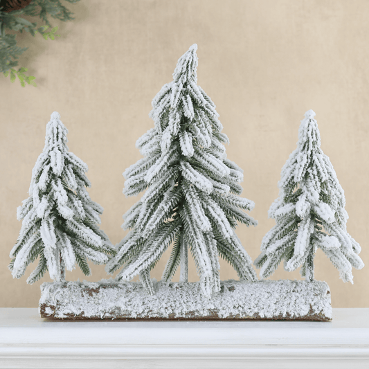 Snow Frosted Christmas Tree Trio Wooden Log Decoration 32cm
