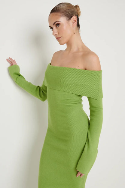 Soreya Bardot Knit Dress (Green)