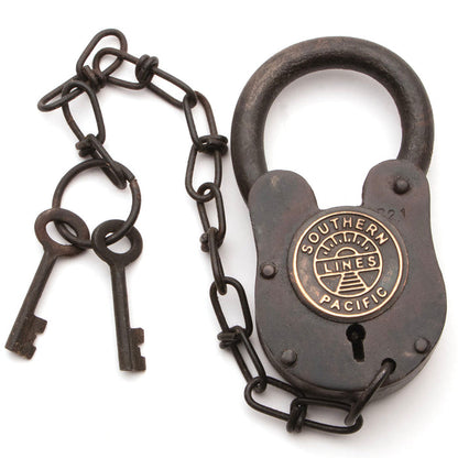 massive Southern Pacific Railroad Lock is iron with a has a rustic finish, fully functional, includes 2 keys