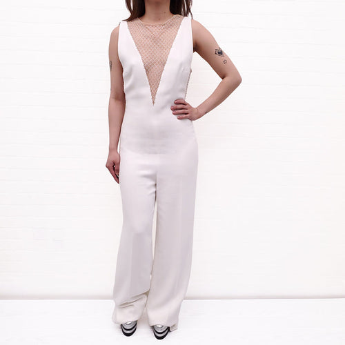 STELLA MCCARTNEY WHITE CRYSTAL MESH DEEP V JUMPSUIT - SIZE  38