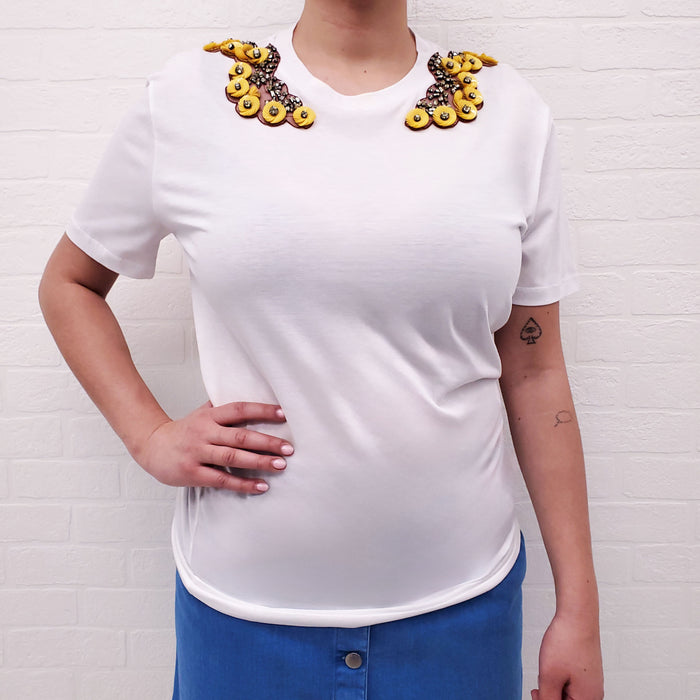 STELLA MCCARTNEY WHITE T-SHIRT WITH FLORAL EMBELLISHMENTS - SIZE 40