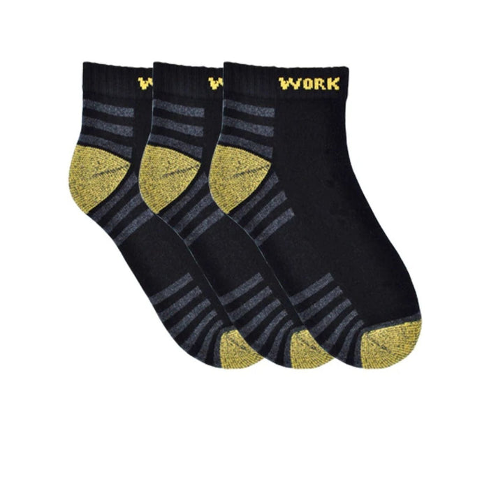 Three pairs of black and gray striped socks with yellow accents on a white background, labeled 'Work'.