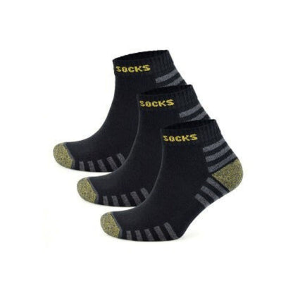 Three pairs of black socks with gray stripes and 'SOCKS' text on a white background
