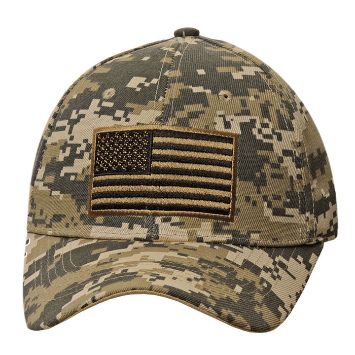 A tan and black USA flag is embroidered on this woven desert camo cap. Adjustable