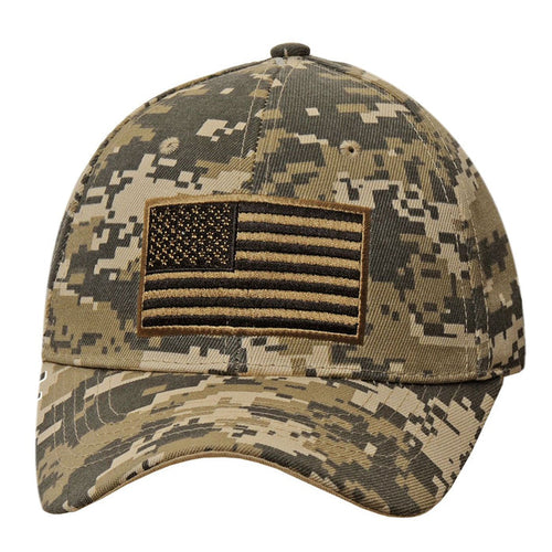 A tan and black USA flag is embroidered on this woven desert camo cap. Adjustable