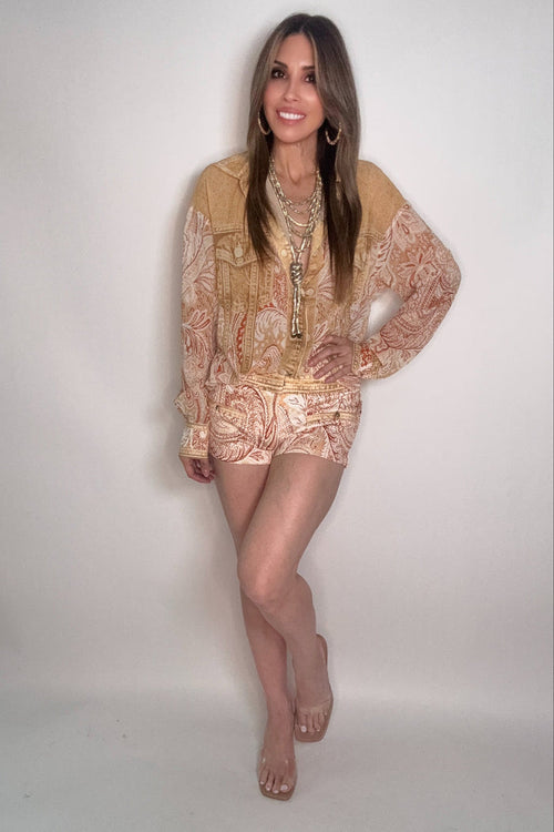 Style the Paisley Denim Effect Chiffon Shirt & Shorts Set exclusively at Born To Glam