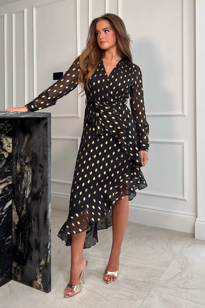 TANYA ASYMMETRIC MIDI DRESS (BLACK & GOLD)
