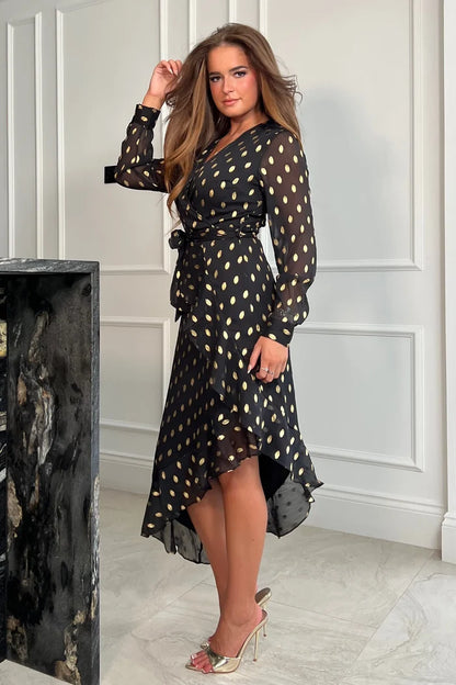 TANYA ASYMMETRIC MIDI DRESS (BLACK & GOLD)