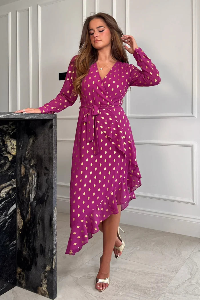 TANYA ASYMMETRIC MIDI DRESS (PLUM & GOLD)