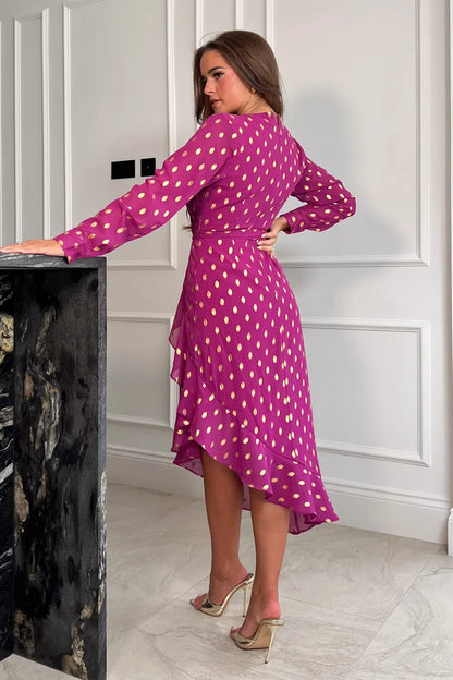 TANYA ASYMMETRIC MIDI DRESS (PLUM & GOLD)